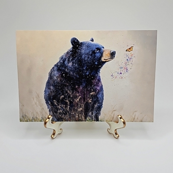 4x6 Horizontal Black Bear with Butterfly Watercolor‎ Oil Painting Print - Picture 1 of 4